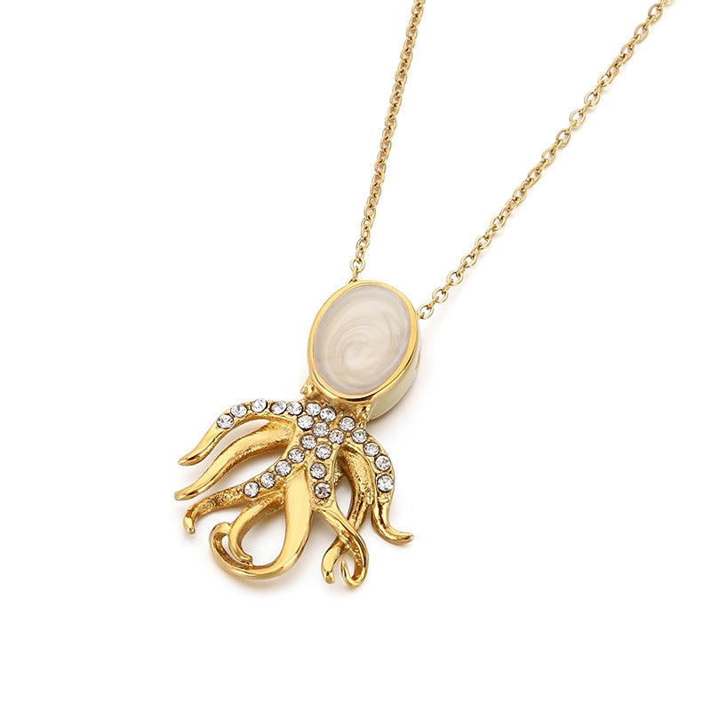 Cross-border Stainless Steel Ocean Beach Wind Pendant Necklace Female Premium Sense Pearl Octopus Clavicle Chain Pendant Jewelry