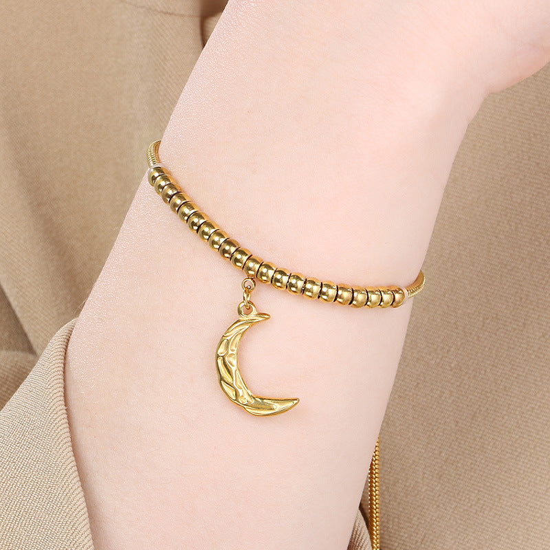 ins Fashion Versatile Pentagram Moon Stainless Steel Pendant Beaded Pulling Rope Adjustable Bracelet Titanium Steel Jewelry