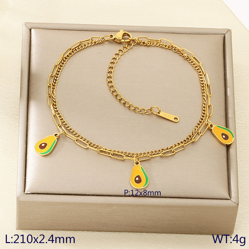 New fresh and sweet fruit series cherry strawberry apple dragon fruit pendant stainless steel double layer stacked anklet