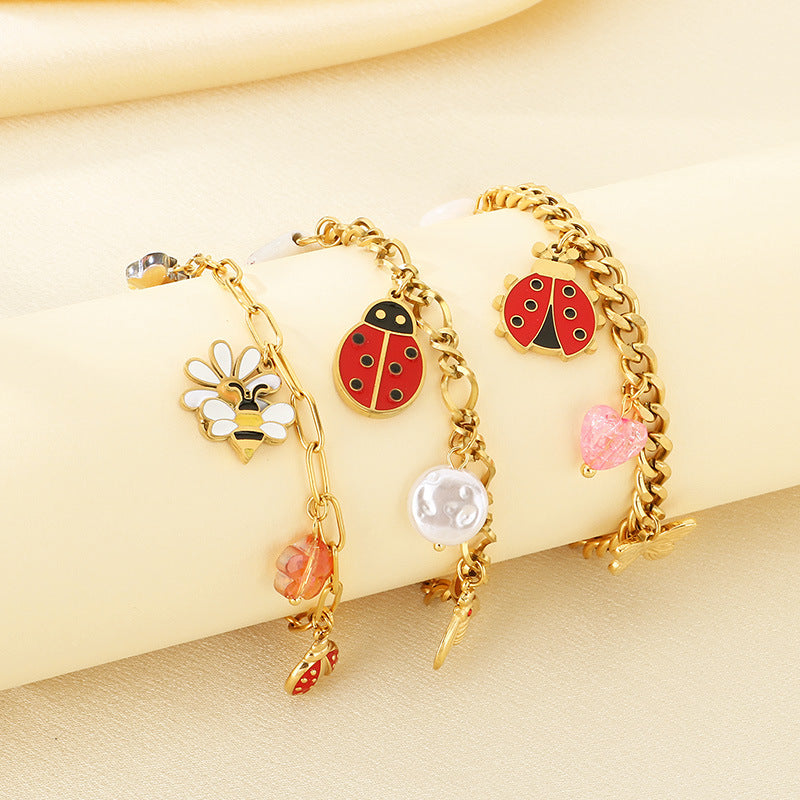 New fashion cartoon stainless steel pastoral style drip oil insect bee ladybug pendant bracelet chain accessories