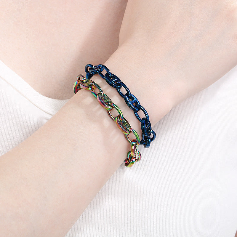 Simple ins stainless steel Japanese pig nose chain bracelet creative cool wind 9mm mixed color pig nose titanium steel bracelet