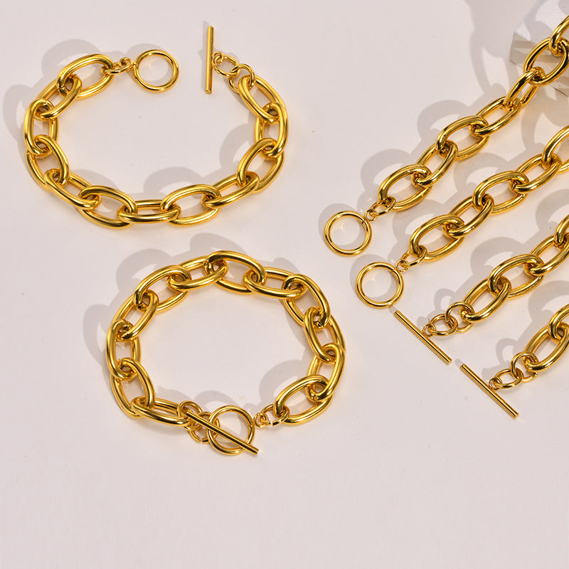 Cross-border stainless steel, fashionable jewelry, vacuum plated 18k color, large chain summer women's bracelet necklace metal wind