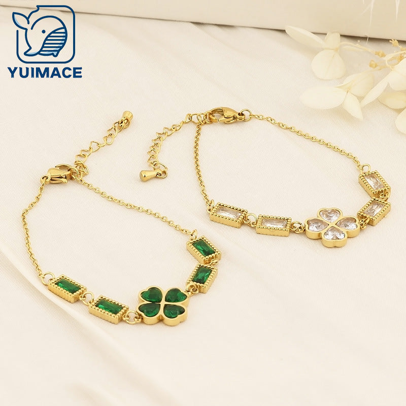 Cross-border fashion high-end sense light luxury design temperament versatile rectangular connection butterfly flower diamond-encrusted stainless steel bracelet