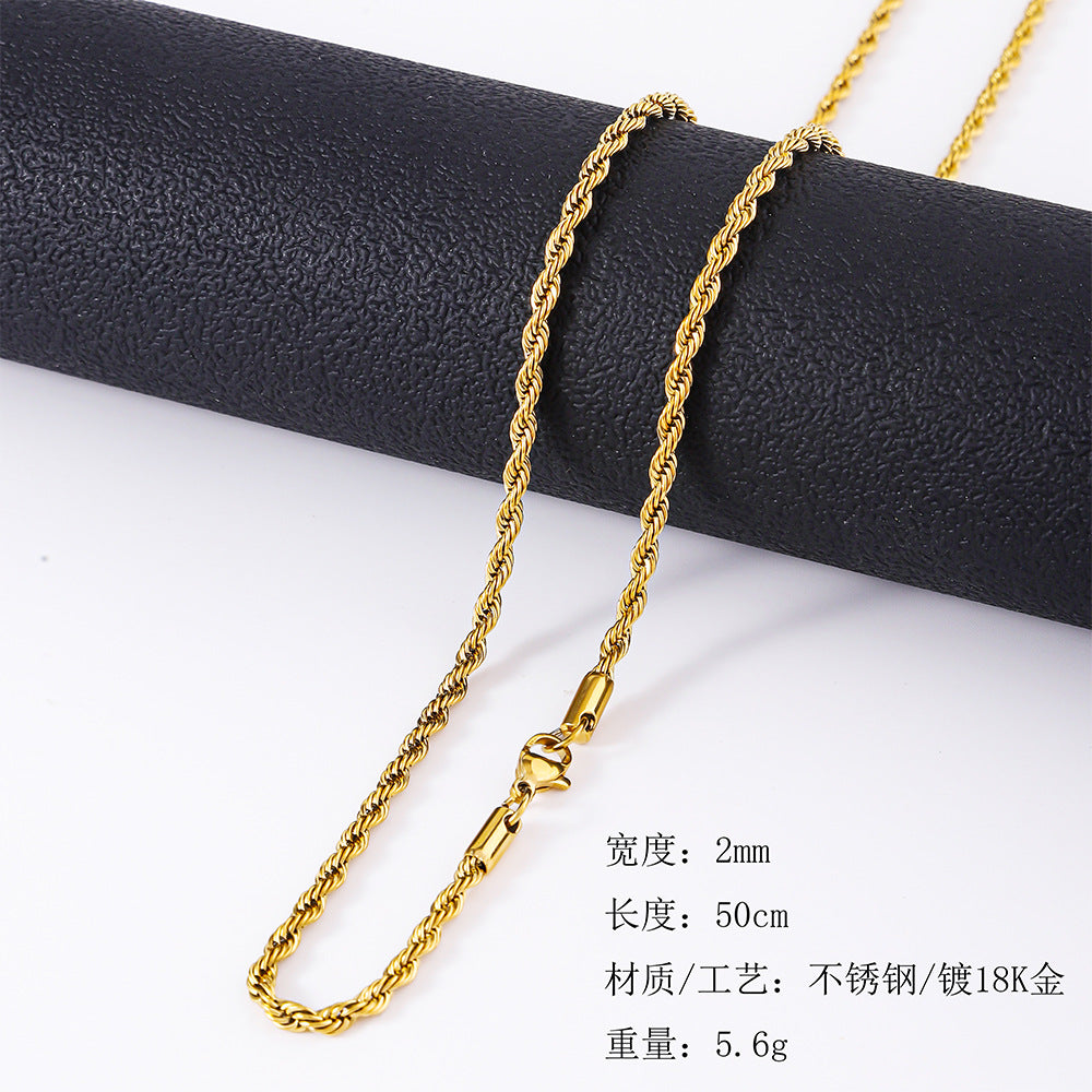 European and American cross-border hip-hop clavicle chain, vacuum color preservation, electroplating titanium steel gold twist chain, stainless steel twist necklace