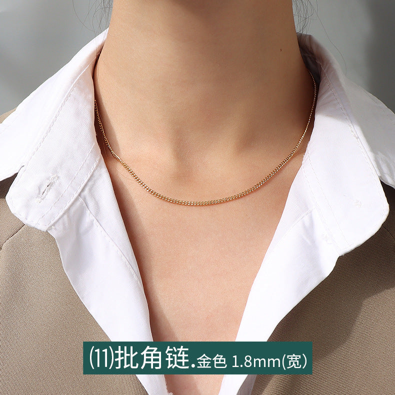 Cross chain, snake bone chain, twist chain, box chain, variety necklace, women's titanium steel plated 18K gold plain chain, clavicle chain jewelry