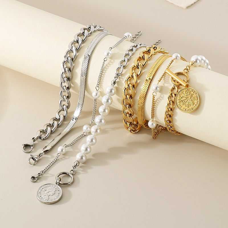 New products stacked with personalized splicing irregular Cuban snake bone chain bracelet four-piece fashionable stainless steel bracelet bracelet jewelry