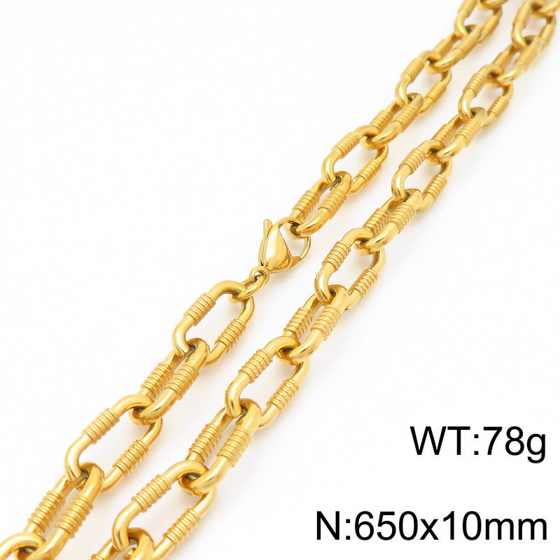 Cross-border cold wind stainless steel threaded bracelet necklace personalized Cuban thick buckle ring unisex jewelry two-piece set