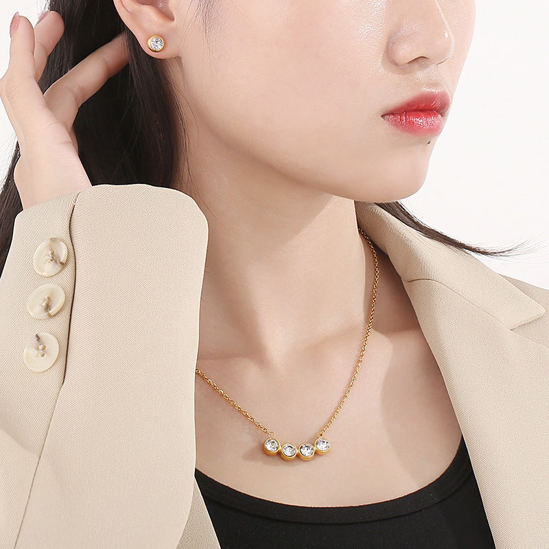 Cross-border popular set jewelry, stainless steel girls short rhinestone collarbone chain hip-hop necklace stud earrings two-piece set