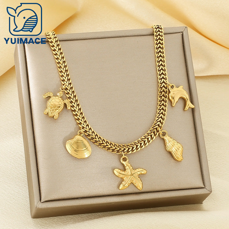 European and American cross-border niche personality 18K gold stainless steel double-layer side chain necklace female ocean wind versatile collarbone chain
