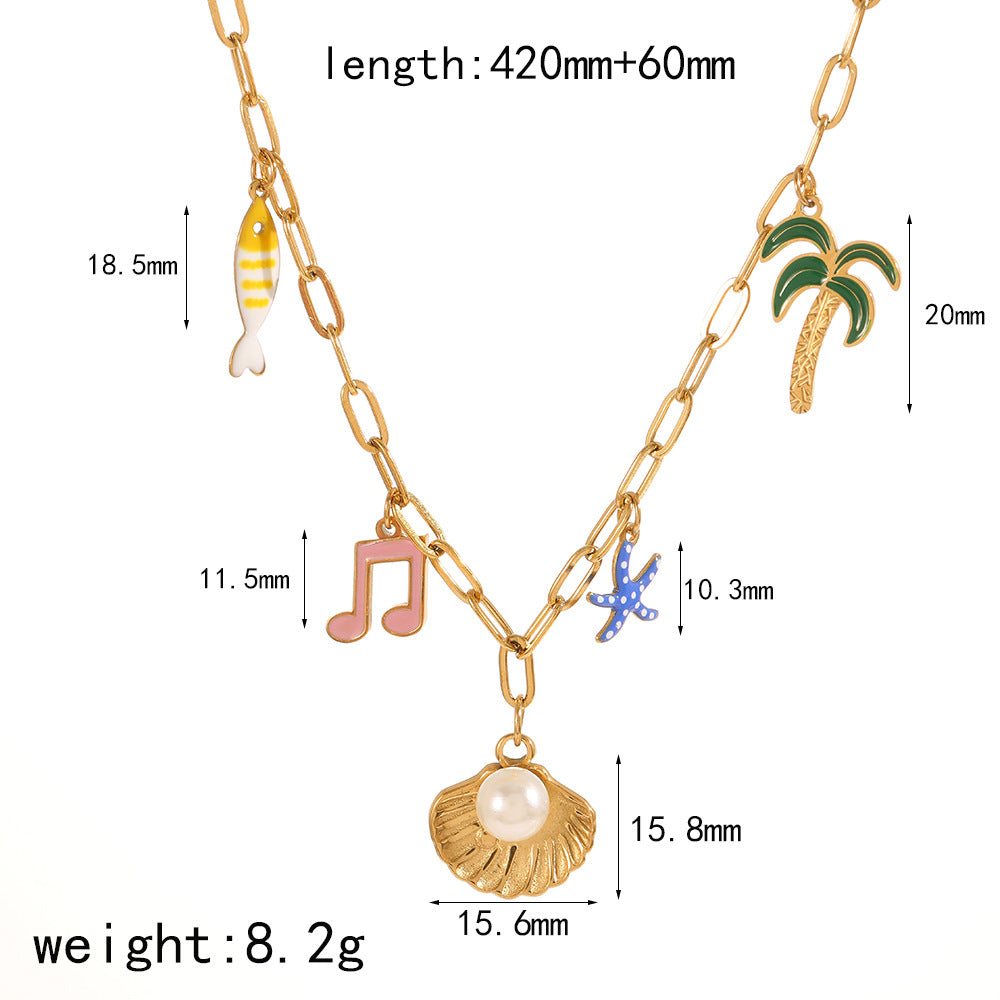 Cross-border European and American marine elements stainless steel necklace women's versatile high-end dripping oil 18k dolphin shell sweater chain