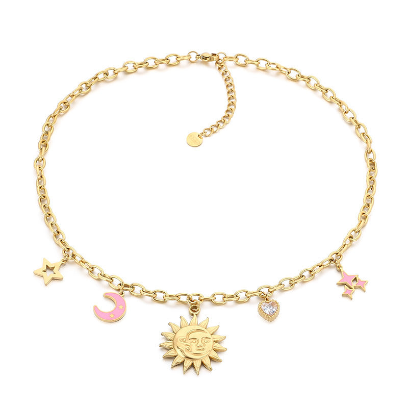 Cross-border European and American stainless steel necklace face sun star moon pendant thick chain retro 18K gold necklace women