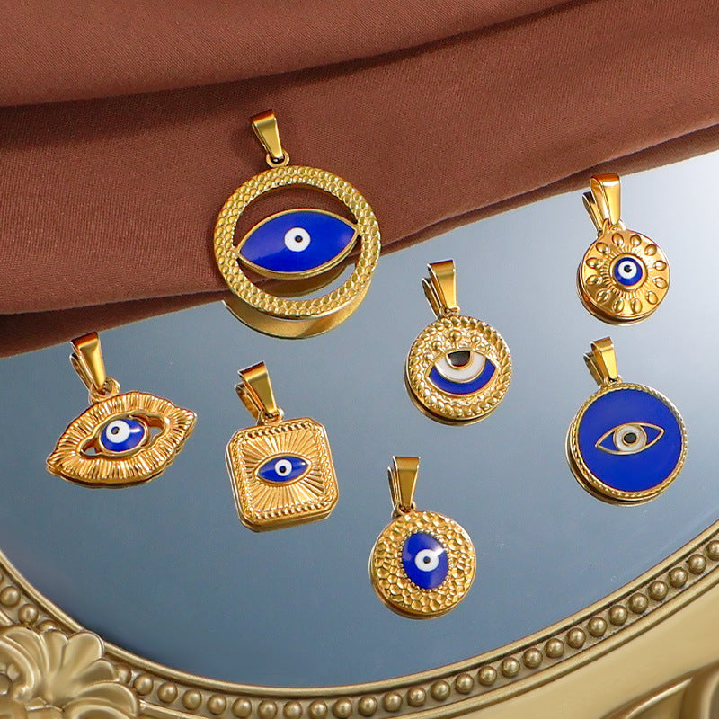 Cross-border stainless steel blue eye devil's eye gold single pendant DIY necklace jewelry 24k accessories wholesale