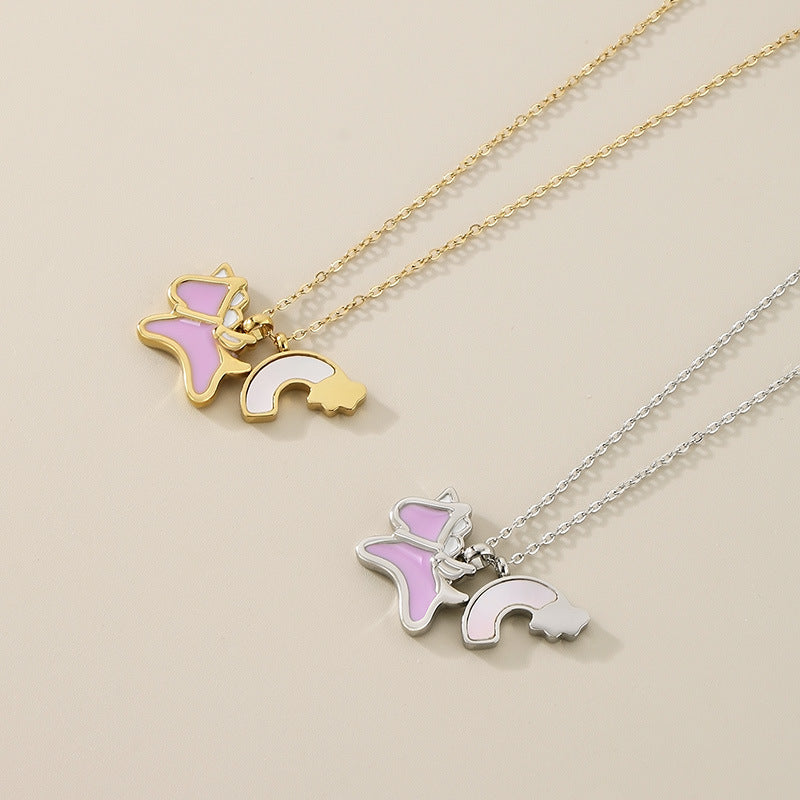 Creative cartoon design dripping rainbow unicorn titanium steel necklace female collarbone chain fashion pendant spot jewelry