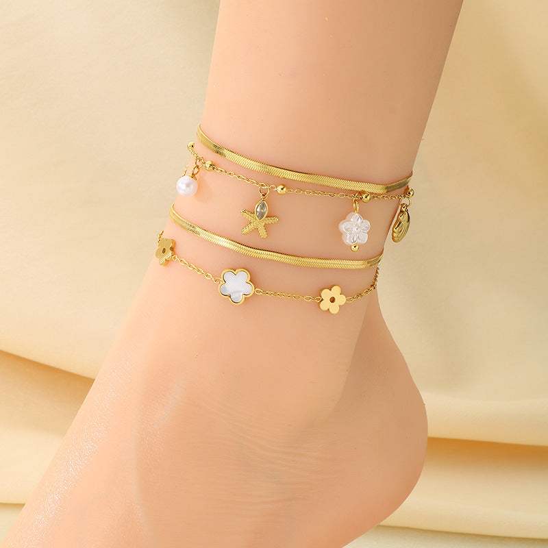 Summer seaside beach wind double stacked marine life starfish shell seahorse pendant stainless steel anklet foot decoration