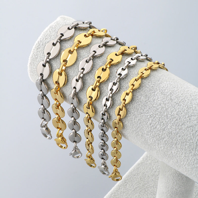 Simple high-end stainless steel pig nose coffee bean bracelet necklace chain vacuum 18k gold pig nose chain set