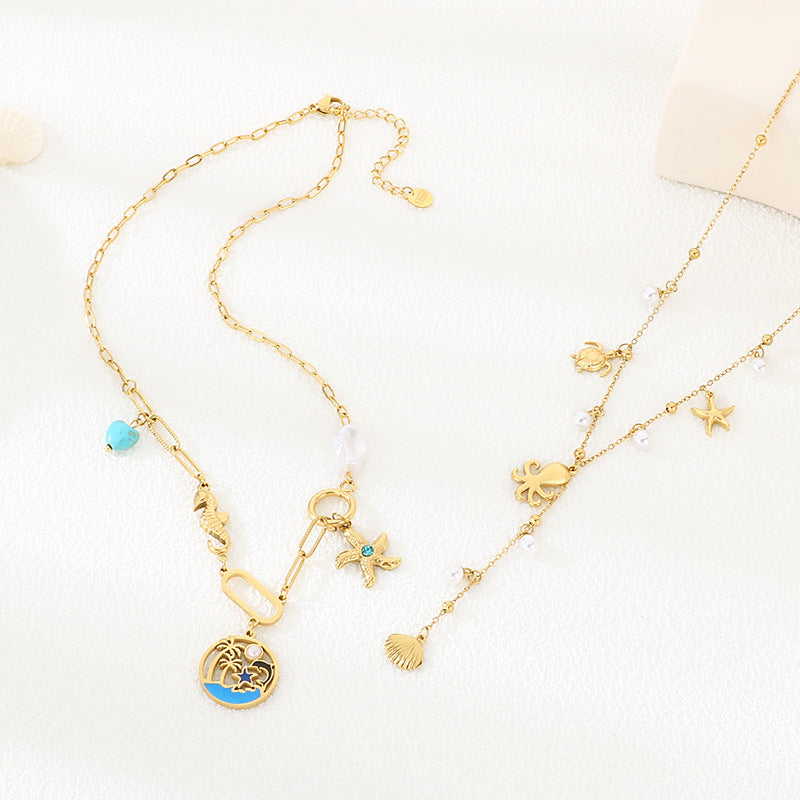 Cross-border stainless steel pearl necklace ocean series fringed starfish sea turtle pendant women's vacation style seaside necklace