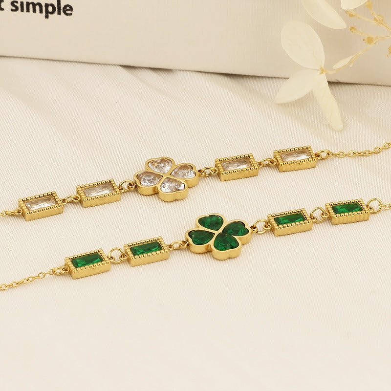 Cross-border fashion high-end sense light luxury design temperament versatile rectangular connection butterfly flower diamond-encrusted stainless steel bracelet