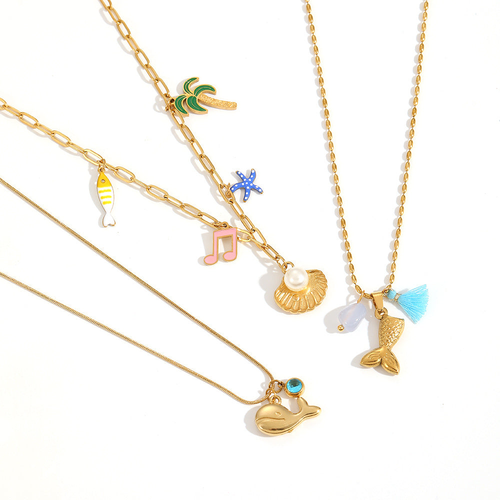 Cross-border European and American marine elements stainless steel necklace women's versatile high-end dripping oil 18k dolphin shell sweater chain