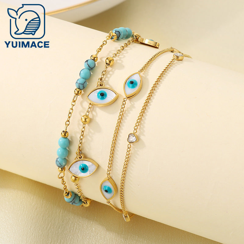 Simple double layer stacked stainless steel resin Devil's Eye blue turquoise beaded double layer pendant accessories anklet jewelry