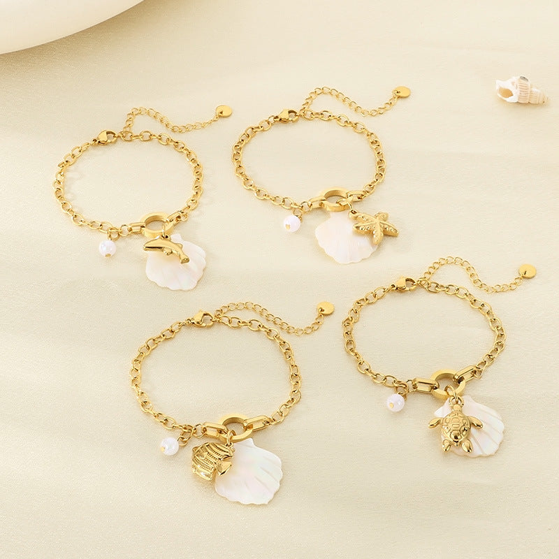 Beach Wind Ocean Series Starfish Dolphin Sea Fish Sea Turtle Element Shell Pendant Seaside Holiday Stainless Steel Bracelet