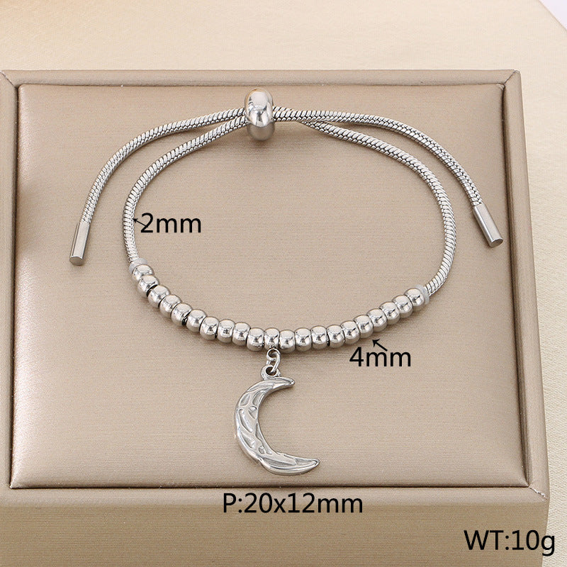 ins Fashion Versatile Pentagram Moon Stainless Steel Pendant Beaded Pulling Rope Adjustable Bracelet Titanium Steel Jewelry