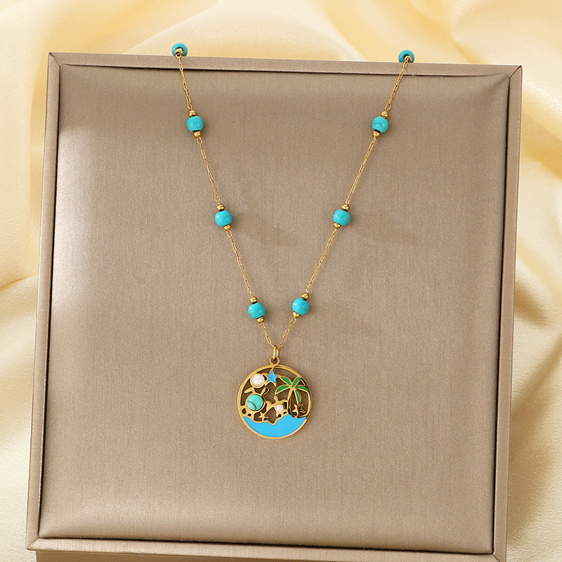 European and American Ocean Wind Coconut Tree Round Brand Necklace Women's Hollow Pearl Turquoise Stainless Steel Starfish Double Clavicle Chain