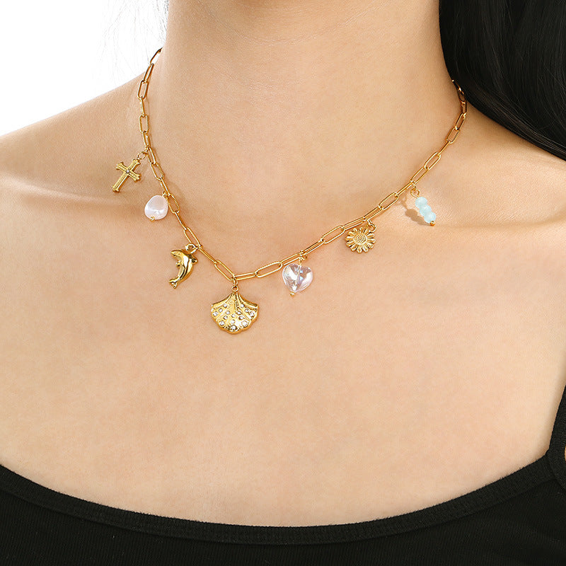Gold Layered Charm Necklace with Pearl & Symbol Pendants