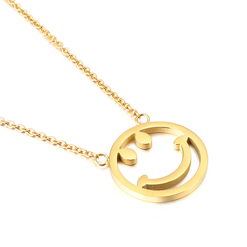 Classic Smile Round Hollow Pendant Stainless Steel Necklace Cute Smiley Collarbone Chain Titanium Steel Plated 18K Gold Jewelry