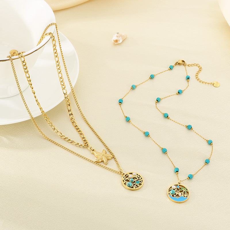 European and American Ocean Wind Coconut Tree Round Brand Necklace Women's Hollow Pearl Turquoise Stainless Steel Starfish Double Clavicle Chain