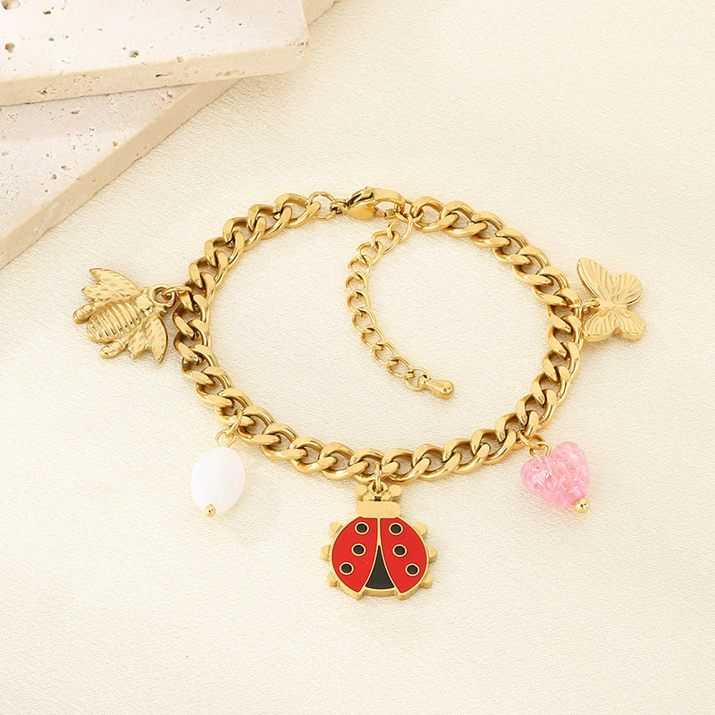 New fashion cartoon stainless steel pastoral style drip oil insect bee ladybug pendant bracelet chain accessories
