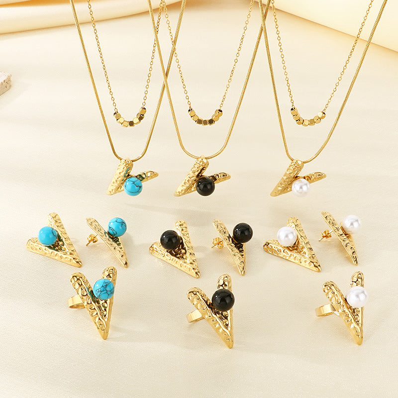 Amazon cross-border stainless steel set women's jewelry inlaid with pearl turquoise love pendant four-piece jewelry