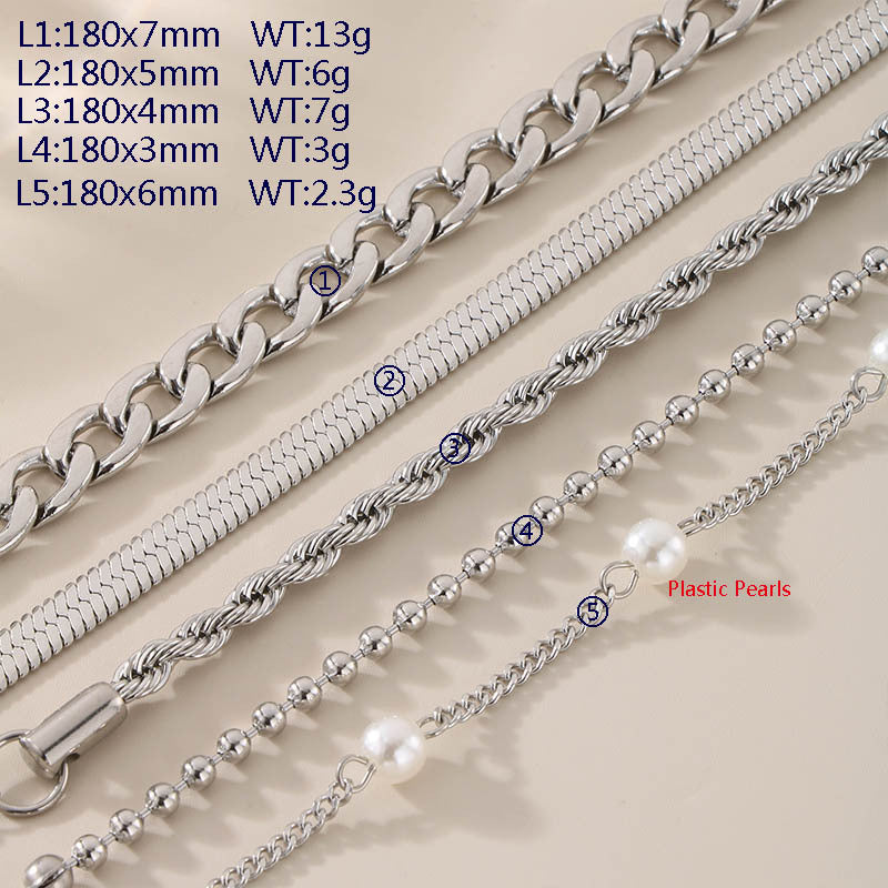 New creative and simple flat pearl flat snake twist chain round bead chain bracelet five-piece stacked bracelet jewelry