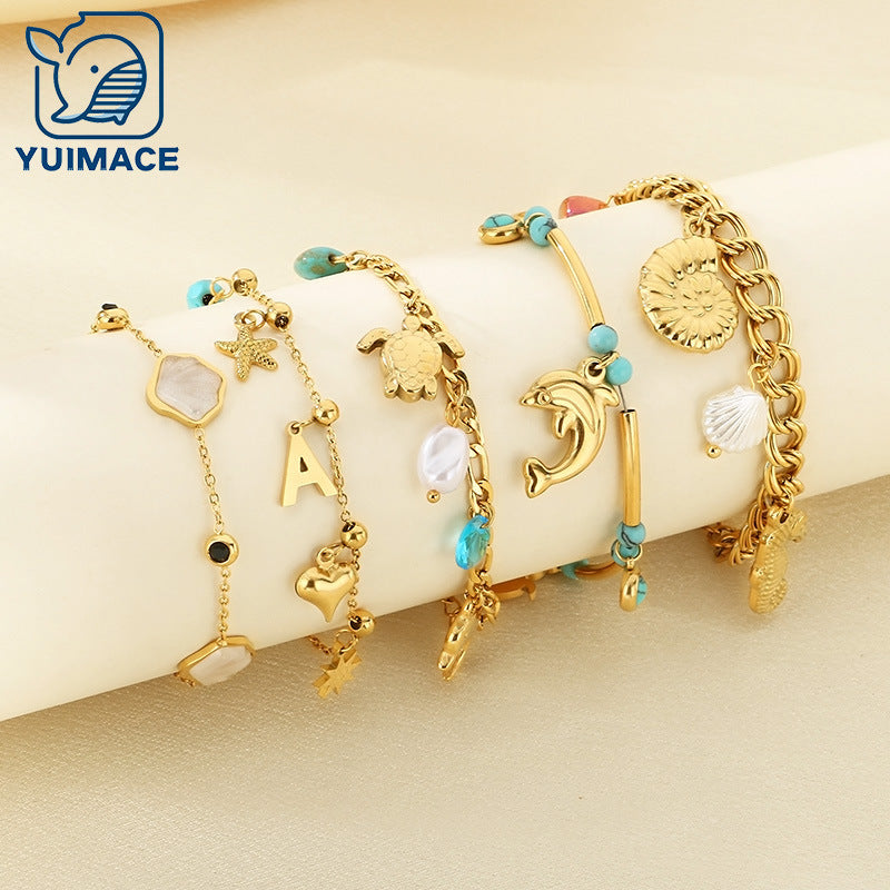 Cross-border jewelry ocean wind turquoise turtle titanium steel light luxury chain bracelet high-end starfish small pendant jewelry