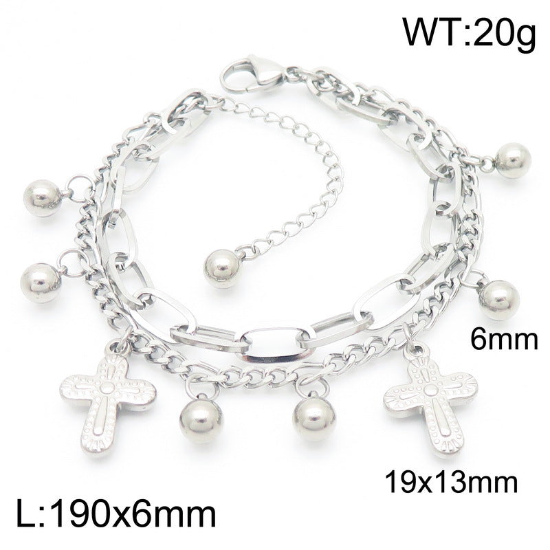 Simple and versatile ins wind double-layer stacked chain cross pendant stainless steel bracelet titanium steel jewelry
