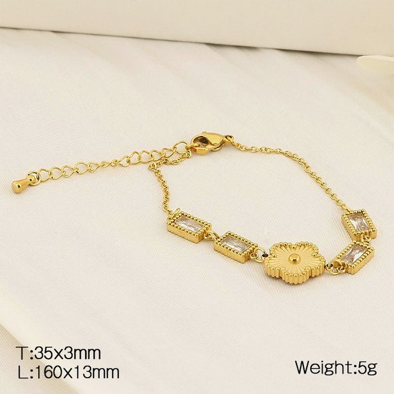 Cross-border fashion high-end sense light luxury design temperament versatile rectangular connection butterfly flower diamond-encrusted stainless steel bracelet