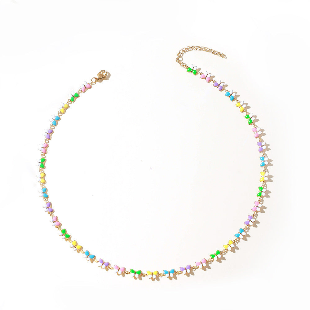 Cross-border dripping stainless steel necklace ladies simple temperament titanium steel collarbone chain painted flower bracelet necklace wholesale