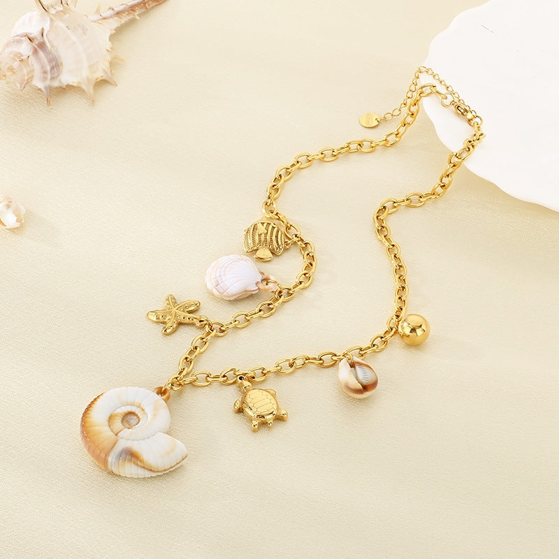 Gold Seashell & Dolphin Charm Necklace
