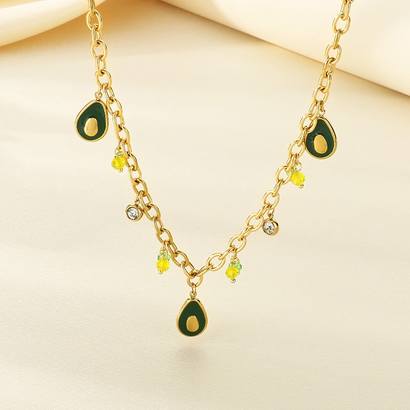 Gold Charm Chain Necklace with Green Enamel Drops