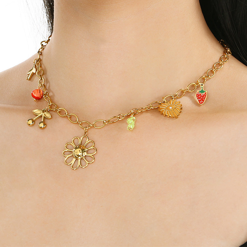 European and American cross-border jewelry sweet wind flower irregular necklace temperament small fresh fruit stainless steel collarbone chain women