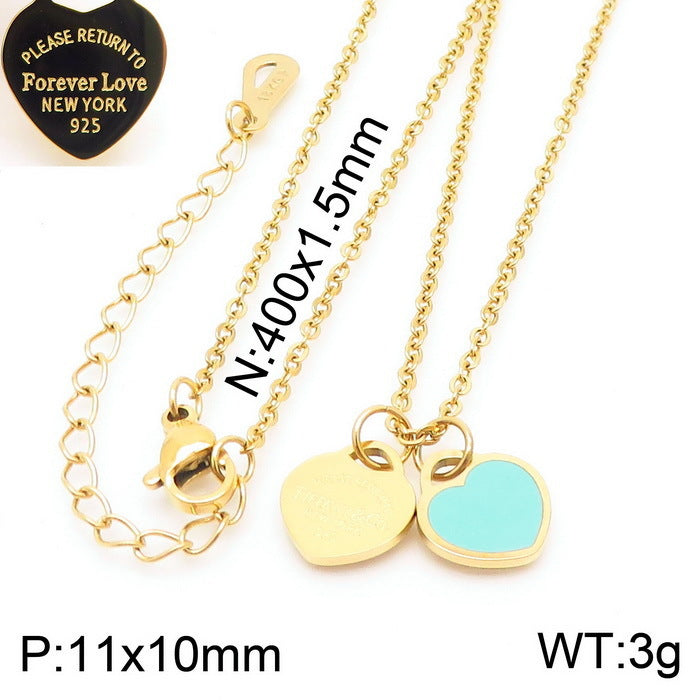 Gold Heart Charm Jewelry Set with Green Enamel Pendant