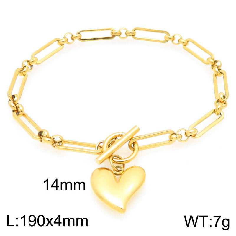 European and American fashion three-dimensional heart-shaped OT buckle paperclip chain titanium steel bracelet personalized love pendant necklace women's jewelry