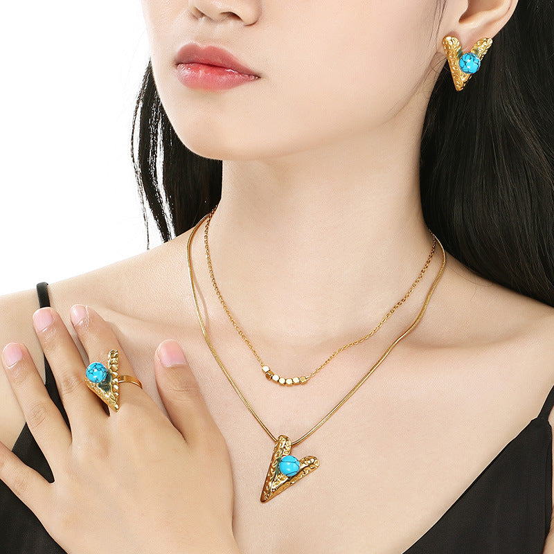 Amazon cross-border stainless steel set women's jewelry inlaid with pearl turquoise love pendant four-piece jewelry