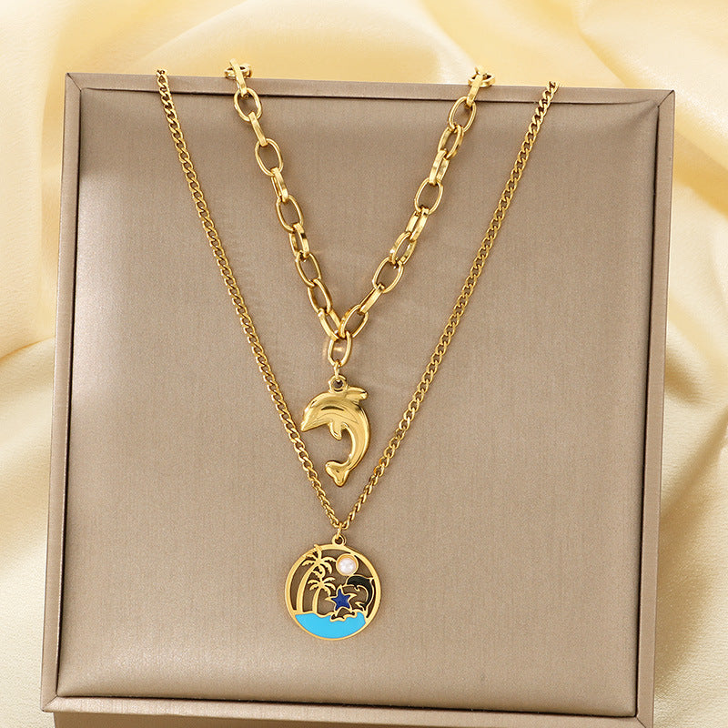 European and American Ocean Wind Coconut Tree Round Brand Necklace Women's Hollow Pearl Turquoise Stainless Steel Starfish Double Clavicle Chain