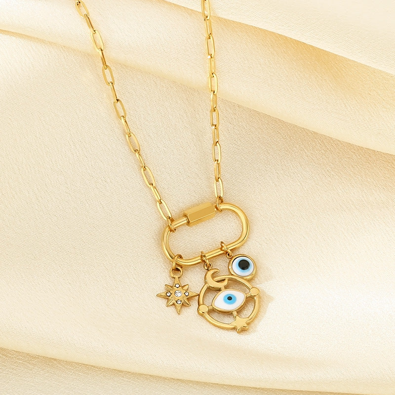 Creative Fashion Personality Stainless Steel Star Moon Element Devil's Eye Oil Drip Pendant Item Ornament Collarbone Chain Necklace Jewelry