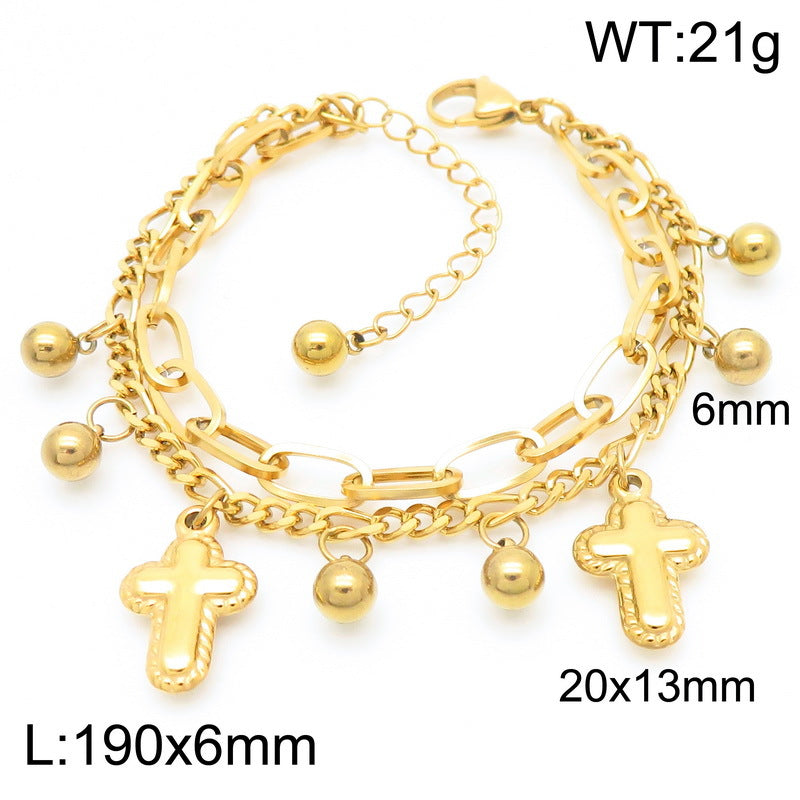 Simple and versatile ins wind double-layer stacked chain cross pendant stainless steel bracelet titanium steel jewelry