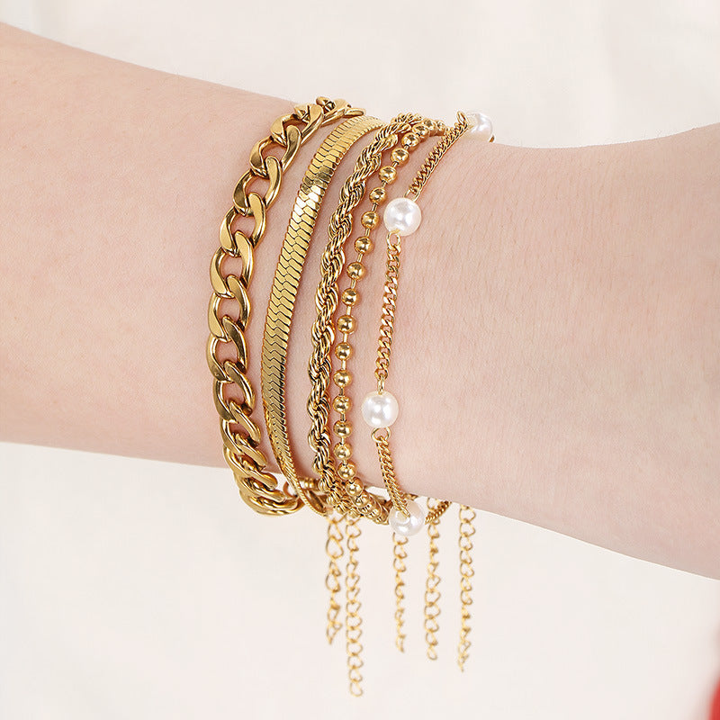 New creative and simple flat pearl flat snake twist chain round bead chain bracelet five-piece stacked bracelet jewelry