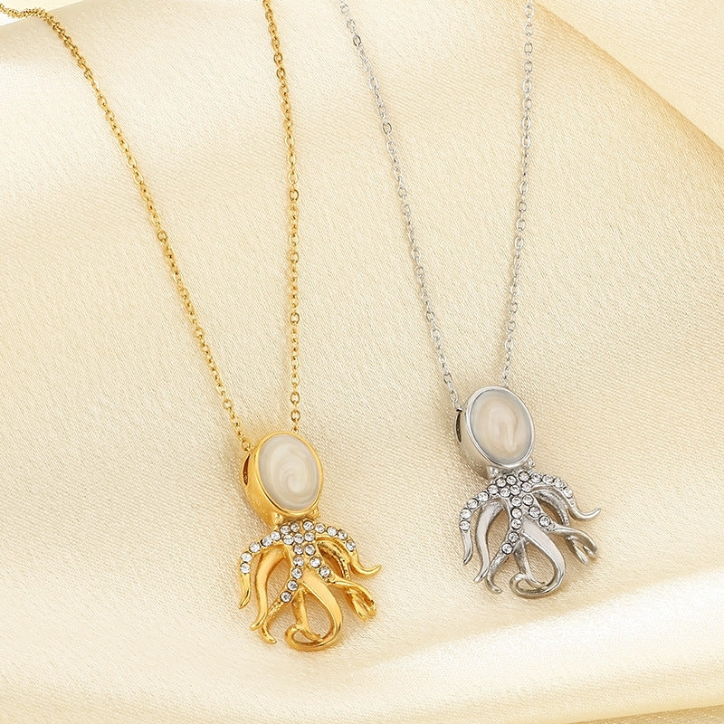 Cross-border Stainless Steel Ocean Beach Wind Pendant Necklace Female Premium Sense Pearl Octopus Clavicle Chain Pendant Jewelry