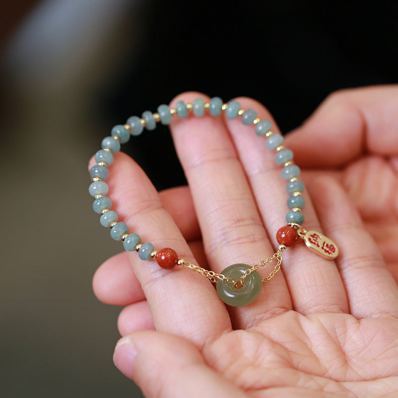 天然翡翠算盘珠福运手链女 和田玉平安扣搭南红玛瑙配饰