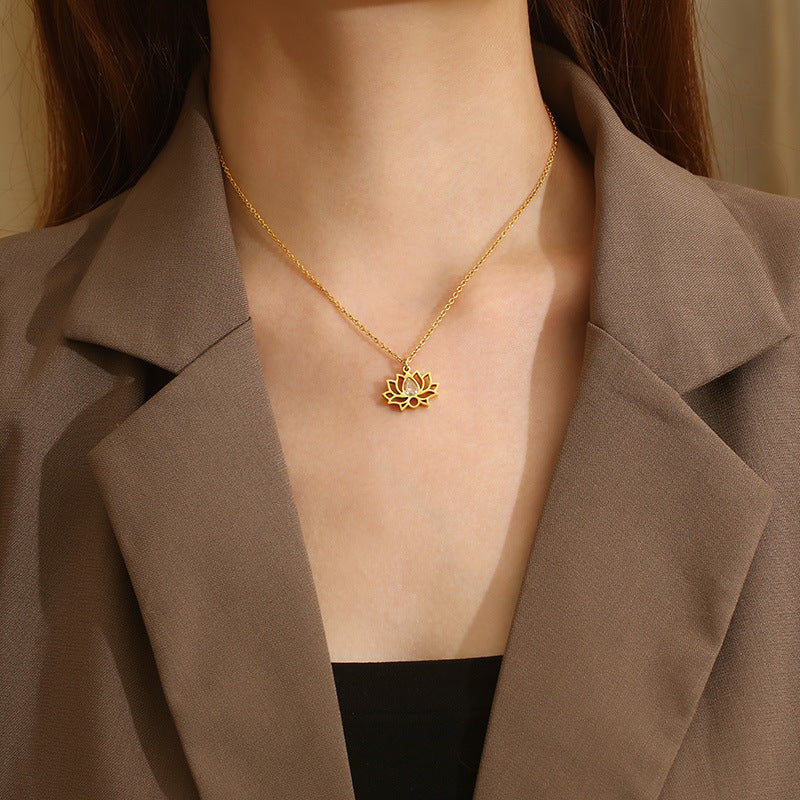 Cross-border new stainless steel zircon lotus set, creative hollow flower water drop stone pendant jewelry three-piece set