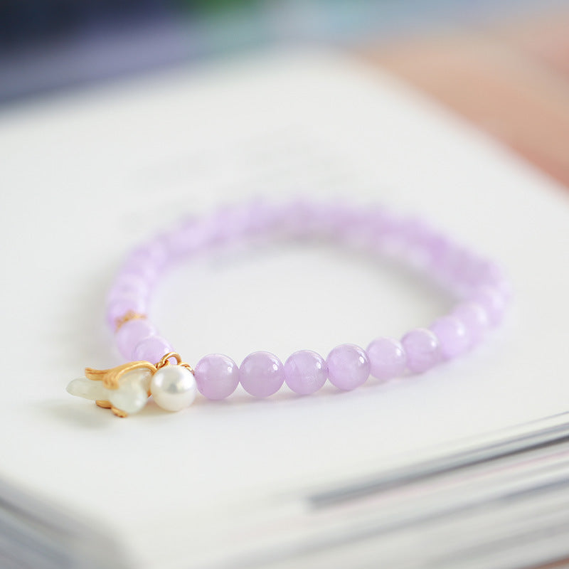 天然6MM紫锂辉手链S925银淡水珍和田玉珠美人鱼尾手串